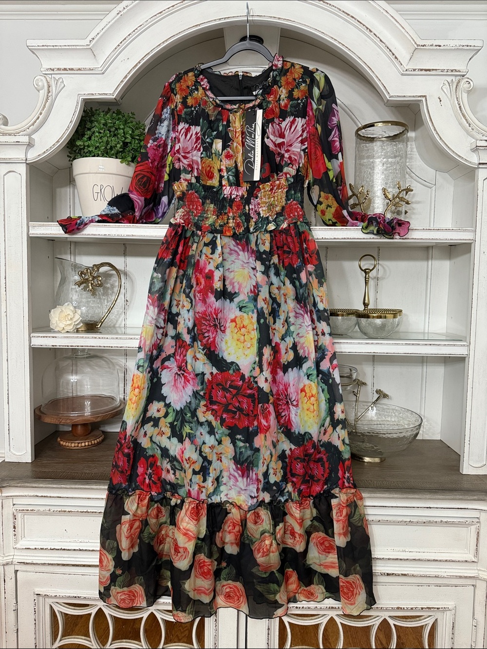 NWT Medium/Large Boho Floral Maxi Dress - Black Multi